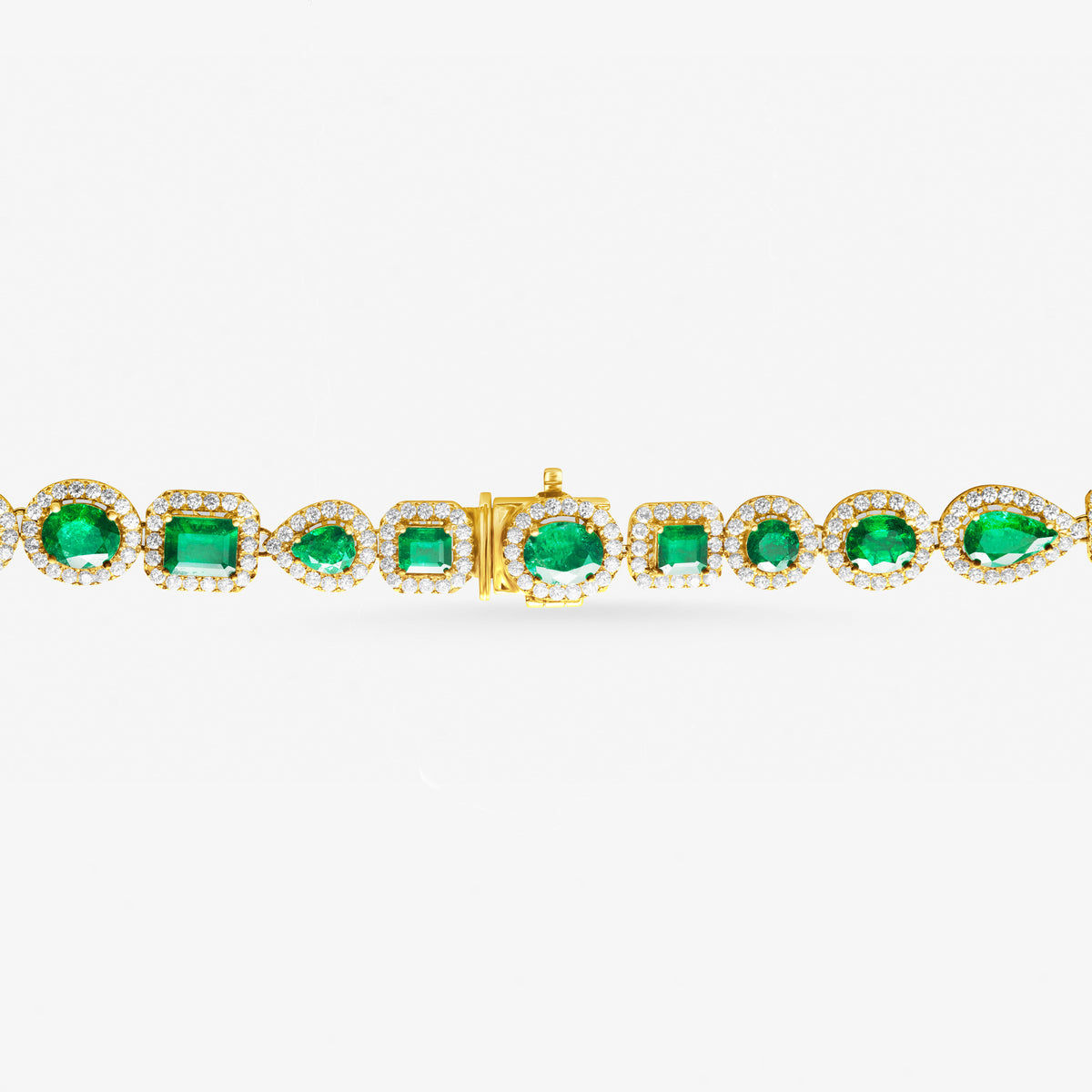 Peter Marco 18k yellow gold round cut white diamond and oval cut emerald marquise cut emerald cut necklace, clasp view