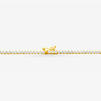 Peter Marco yellow gold three prong graduated round cut diamond necklace, clasp view