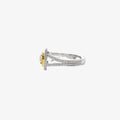 Yellow diamond and diamond ring in white and yellow gold, side view, 18K white gold.