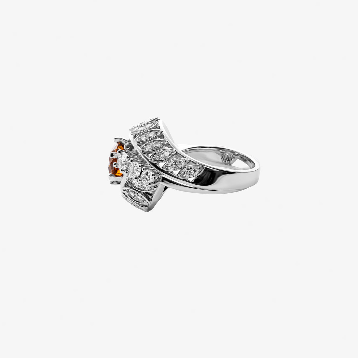 Round Zircon gemstone center, Marquise Diamond Accents, and Diamond-Set White Gold Band, 18K white gold, side view.