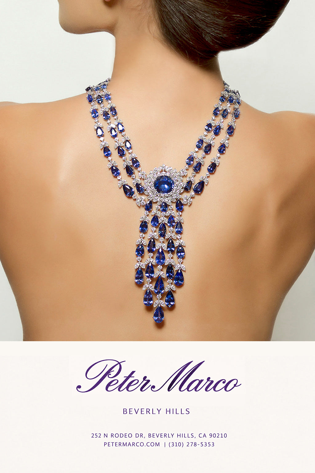 A Three row Blue Sapphire and Diamond Necklace on the back of a girl