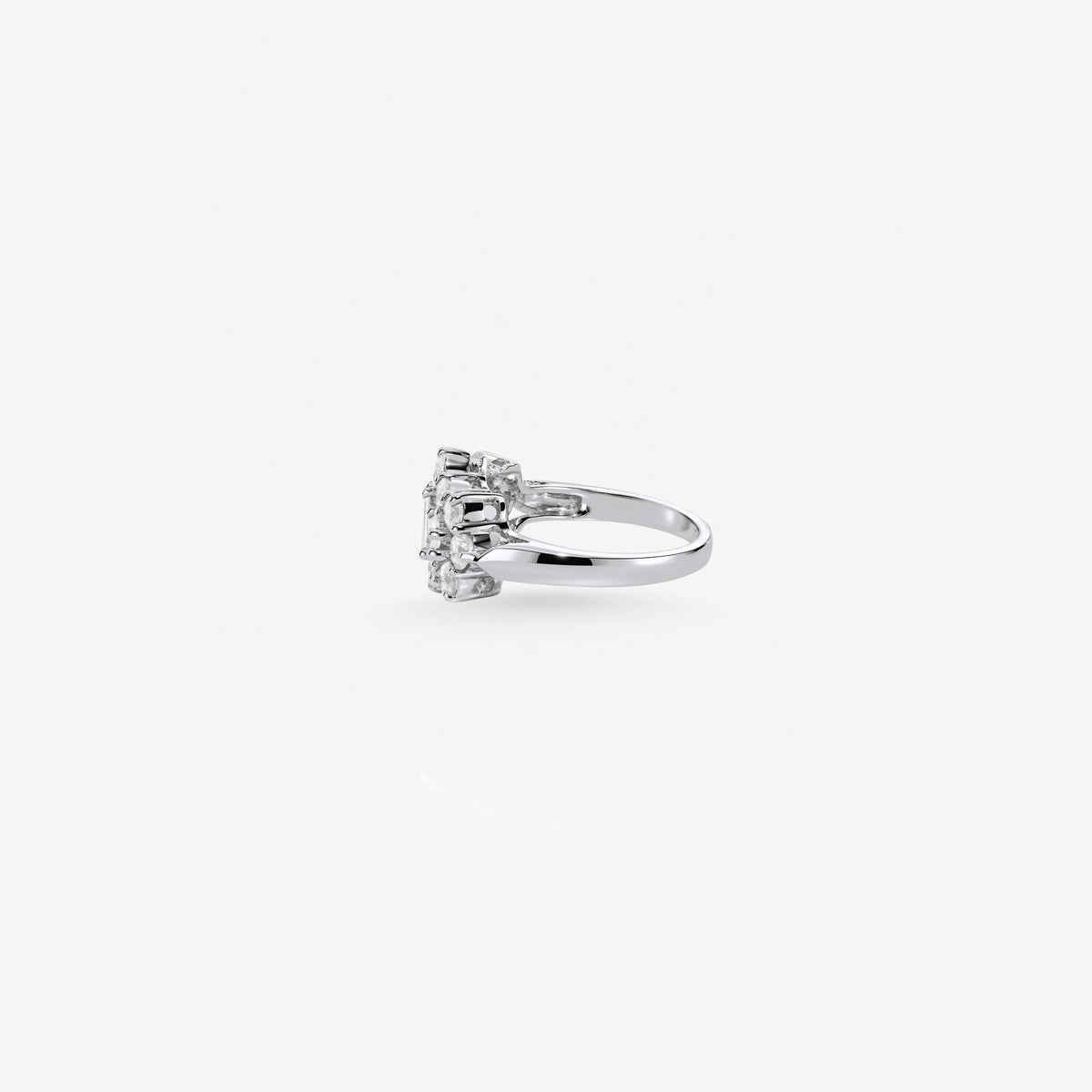Peter Marco round cut and emerald cut diamond ring, side view