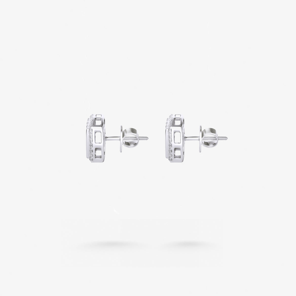 Peter Marco baguette and round cut diamond stud earrings, side view