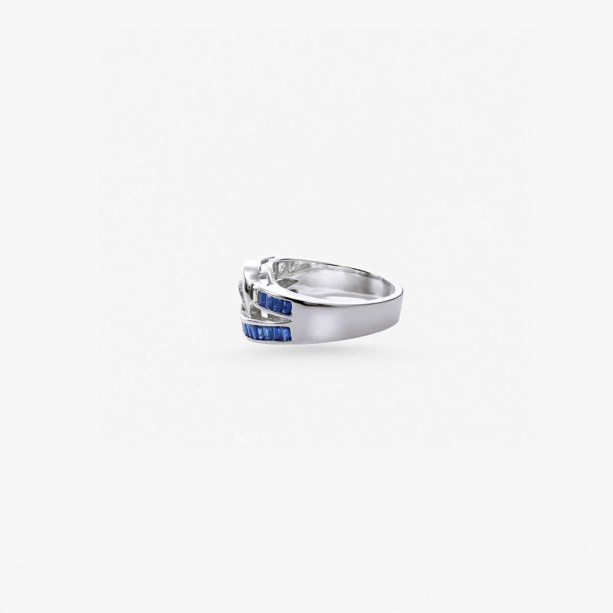 Peter Marco Blue Sapphire and White Diamond emerald cut diamond ring, side view