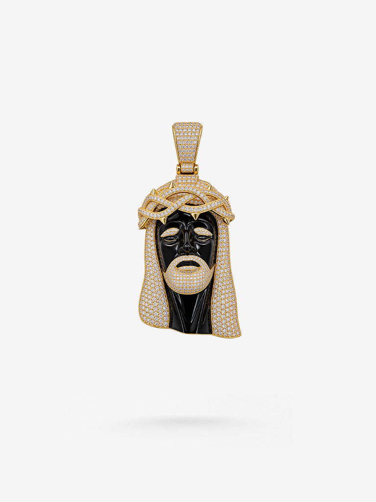 Peter Marco black enamel Jesus pendant with diamond detailing in yellow gold