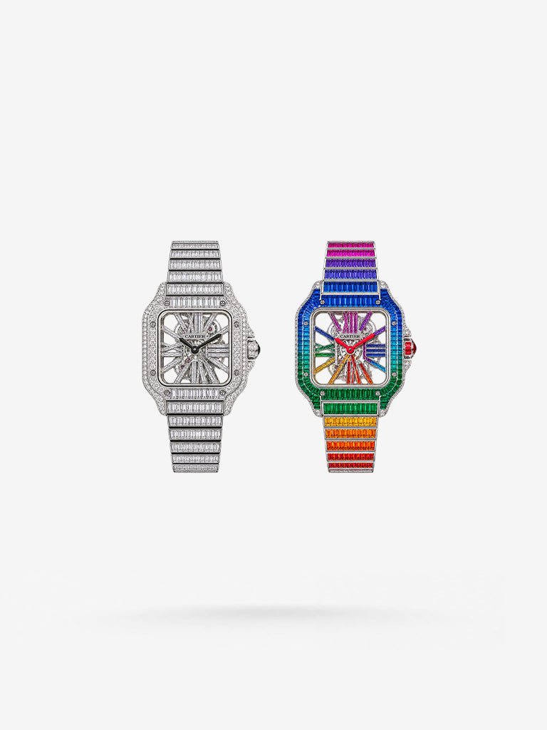 Peter Marco Cartier Skeleton watch duo featuring a white diamond watch and multicolor sapphire watch