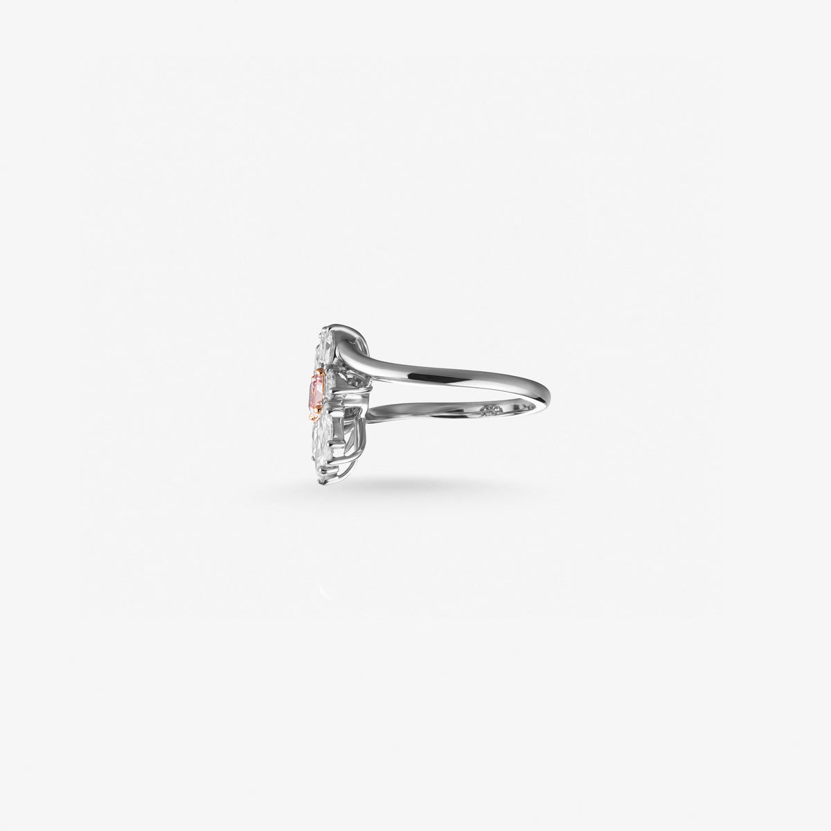Peter Marco cushion cut pink diamond and marquise cut diamond floral ring, side view