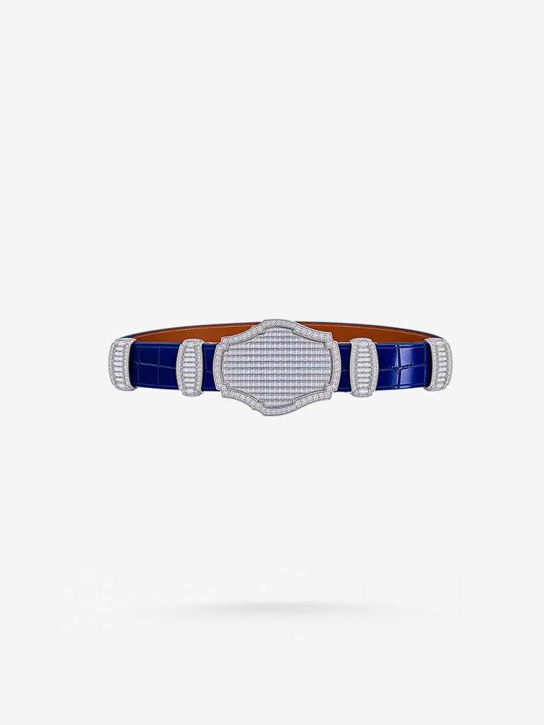 Peter Marco diamond crocodile leather belt with blue leather and diamond buckle