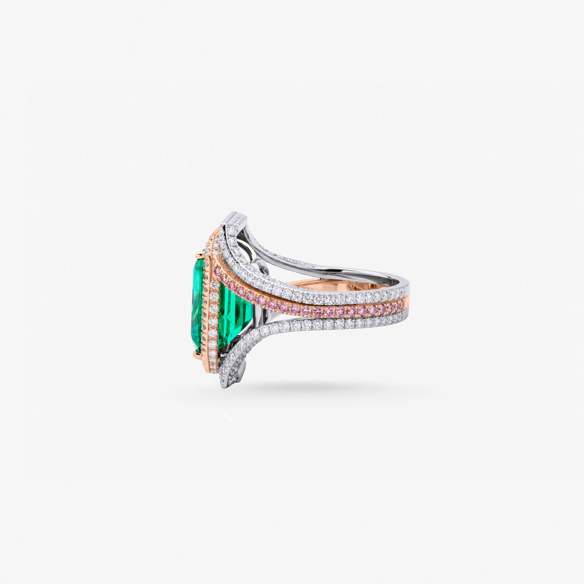 Peter Marco emerald and pink diamond halo ring, side view