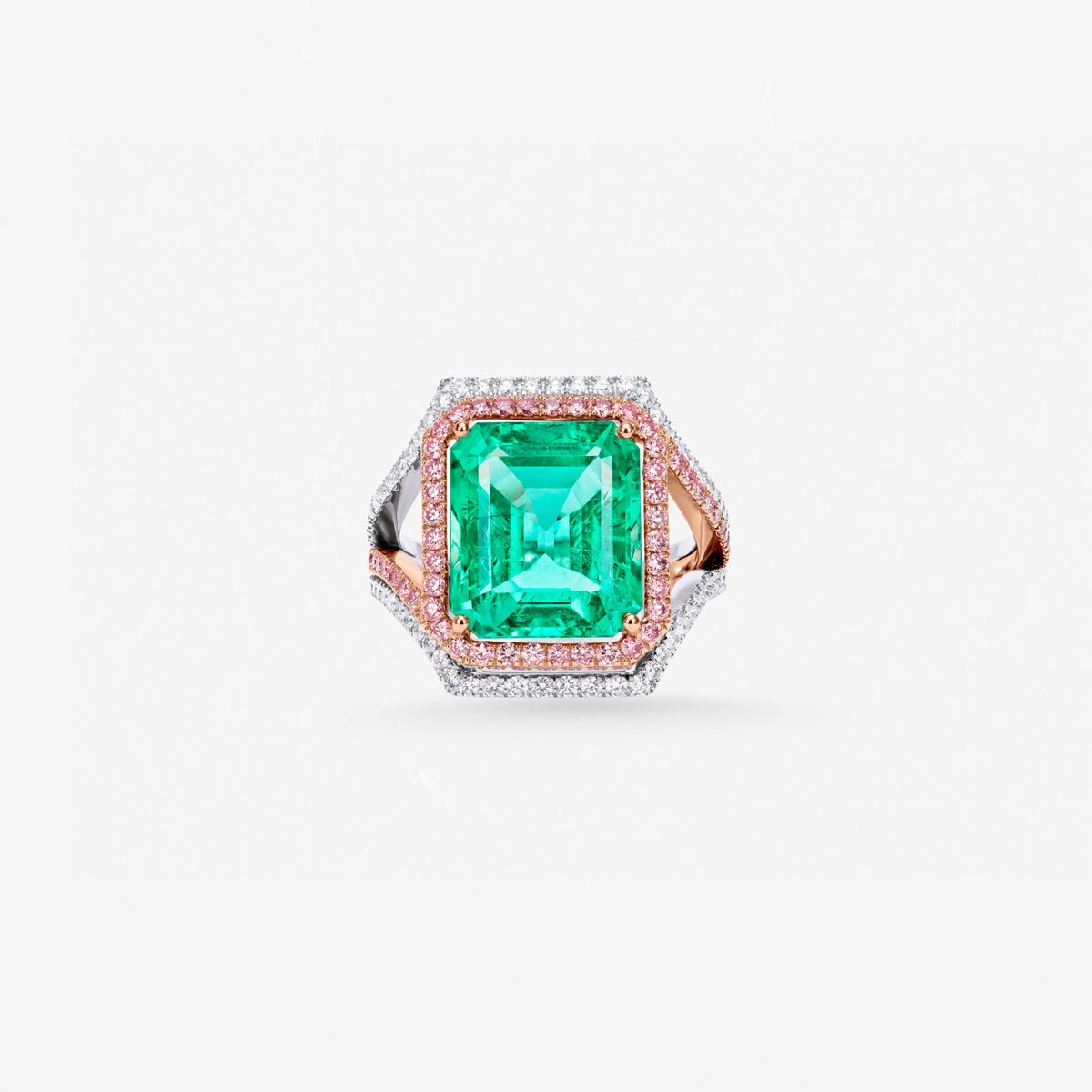 Peter Marco emerald and pink diamond halo ring