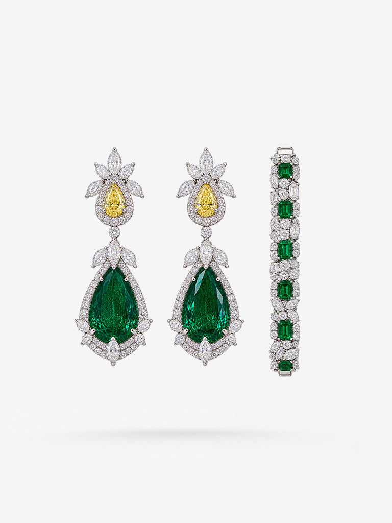 Peter Marco emerald and yellow diamond earrings with emerald and diamond bracelet