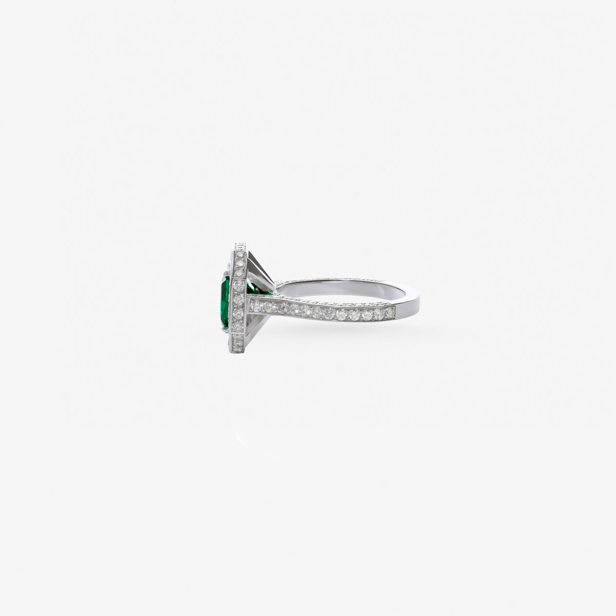 Peter Marco emerald cut emerald and round cut diamond halo ring, side view