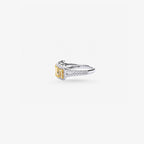 Peter Marco diamond ring with five yellow cushion-cut diamonds and diamond detailing, side view.