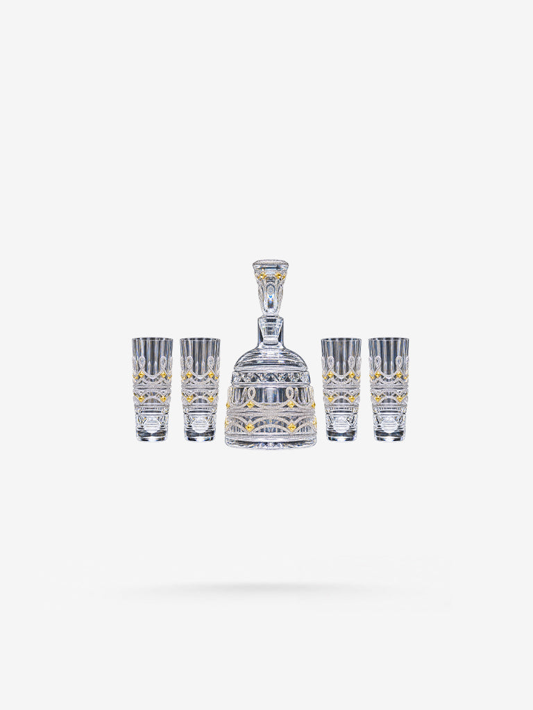 Peter Marco custom Hermès diamond decanter and shot glass set with gold detailing