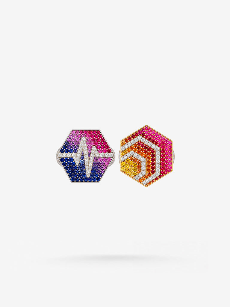 Peter Marco multicolor sapphire and diamond ring set featuring pink, purple, blue, orange, and yellow gemstones