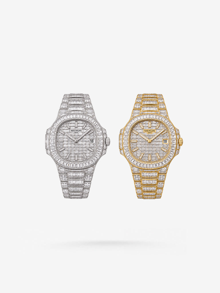 Peter Marco Patek Philippe diamond watch duo in white gold and yellow gold