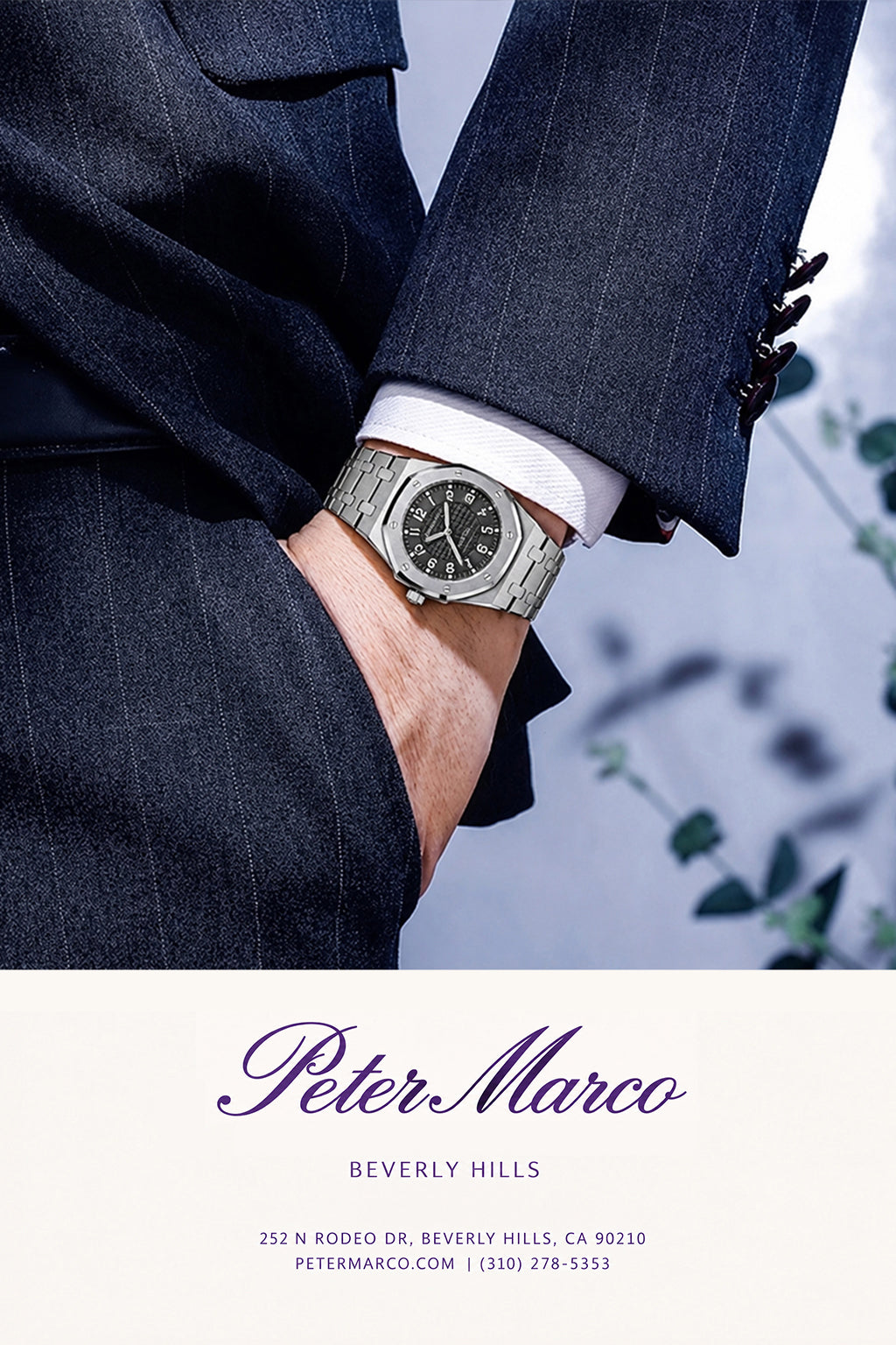 Peter Marco man modeling wearing a suit with a audemar piguet watch on his wrist