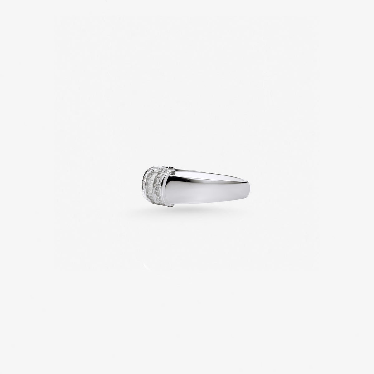 Peter Marco princess, baguette and round cut diamond wide band ring, side view