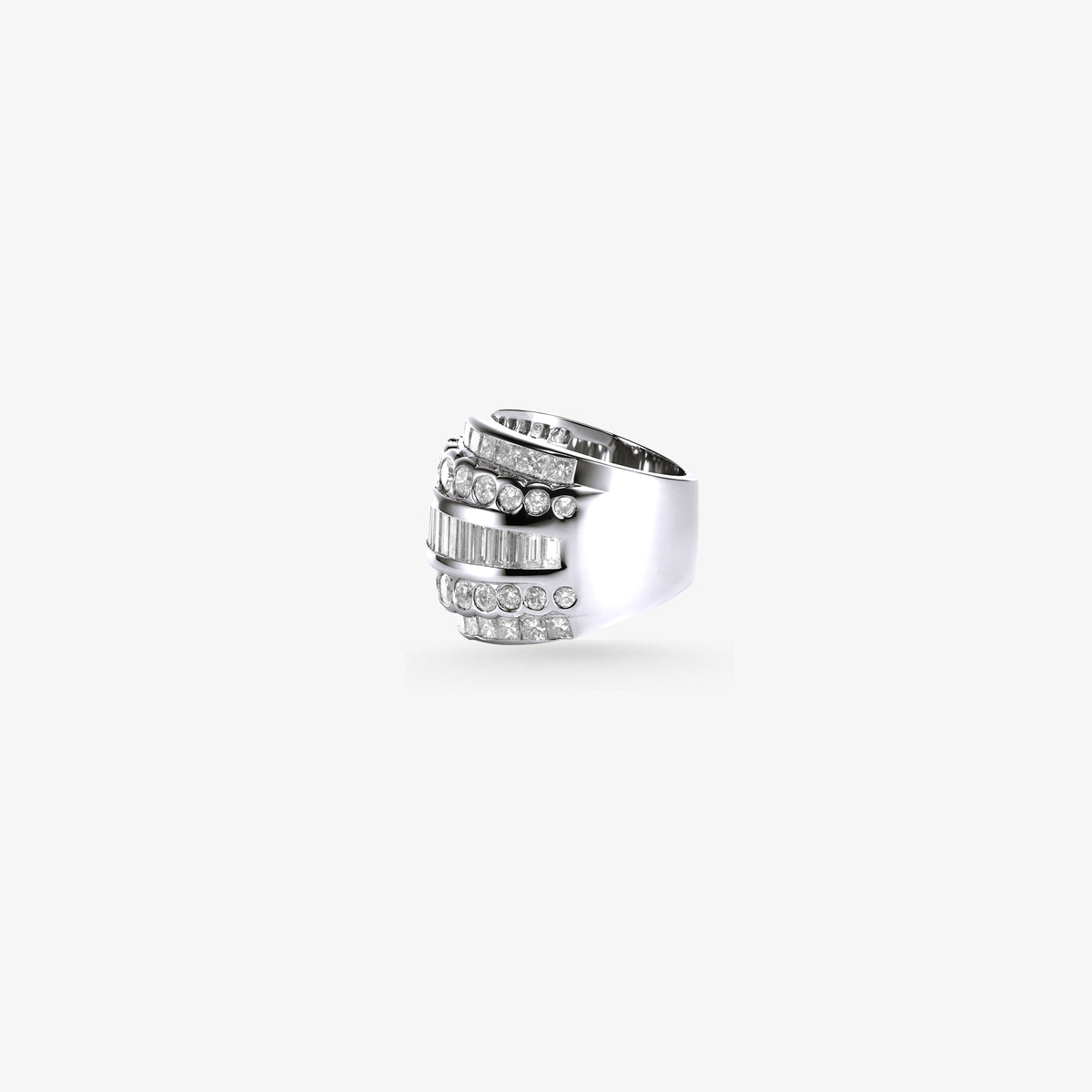 Peter Marco princess baguette and round cut diamond wide band ring, side view