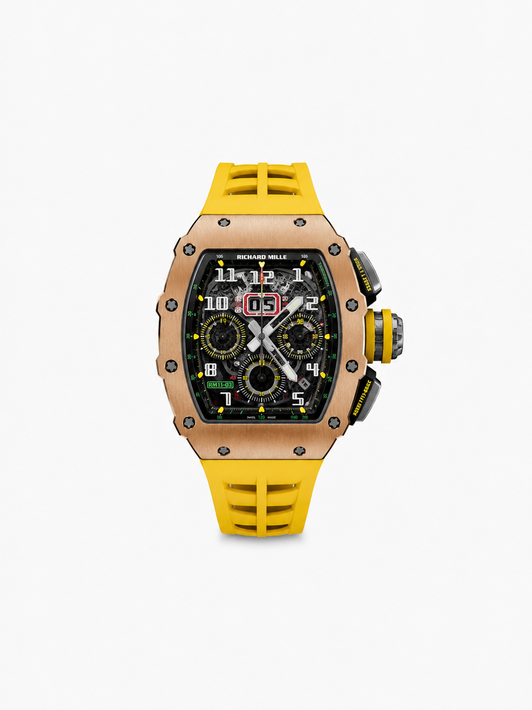 Peter Marco Richard Mille RM 11-03 rose gold chronograph watch with yellow rubber strap