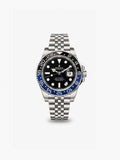 Peter Marco Rolex Batman GMT-Master II stainless steel watch with black dial, black and blue 24-hour bezel, and Jubilee bracelet.