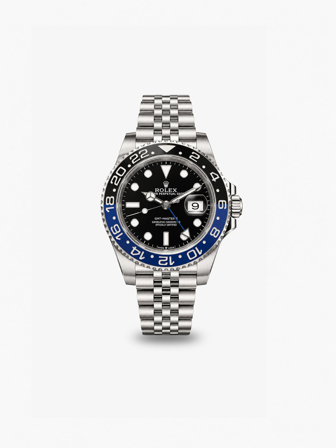 Peter Marco Rolex Batman GMT-Master II stainless steel watch with black dial, black and blue 24-hour bezel, and Jubilee bracelet.