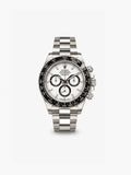 Peter Marco Rolex Cosmograph Daytona stainless steel watch with white dial, black chronograph subdials, and black tachymeter bezel.