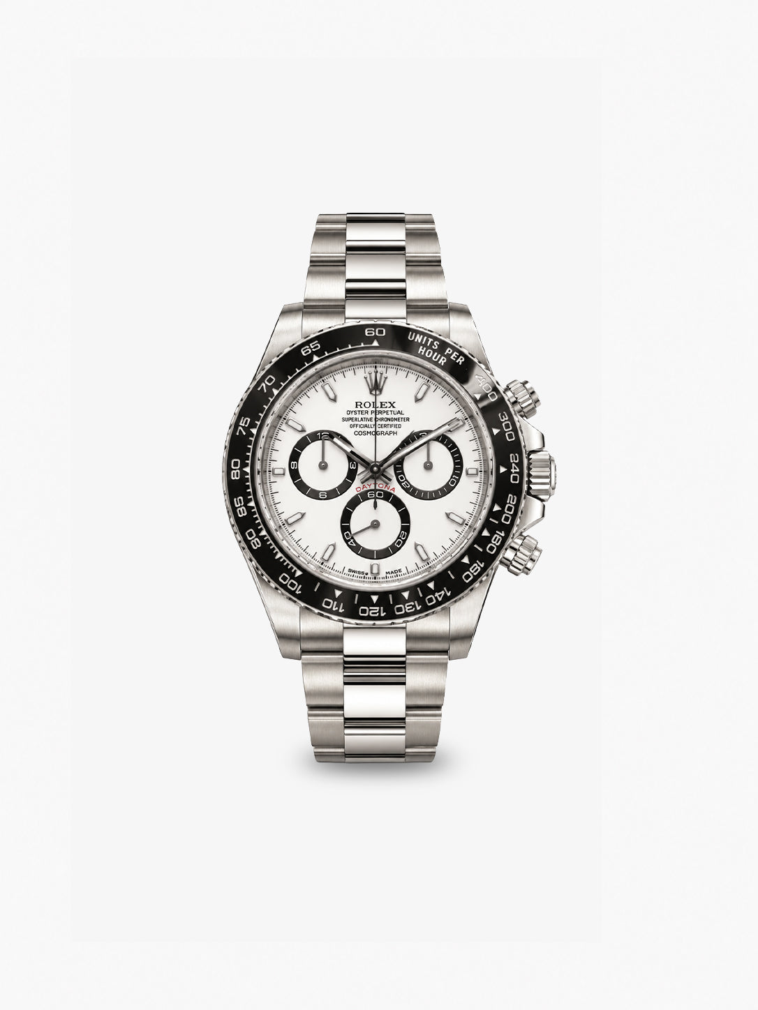 Peter Marco Rolex Cosmograph Daytona stainless steel watch with white dial, black chronograph subdials, and black tachymeter bezel.