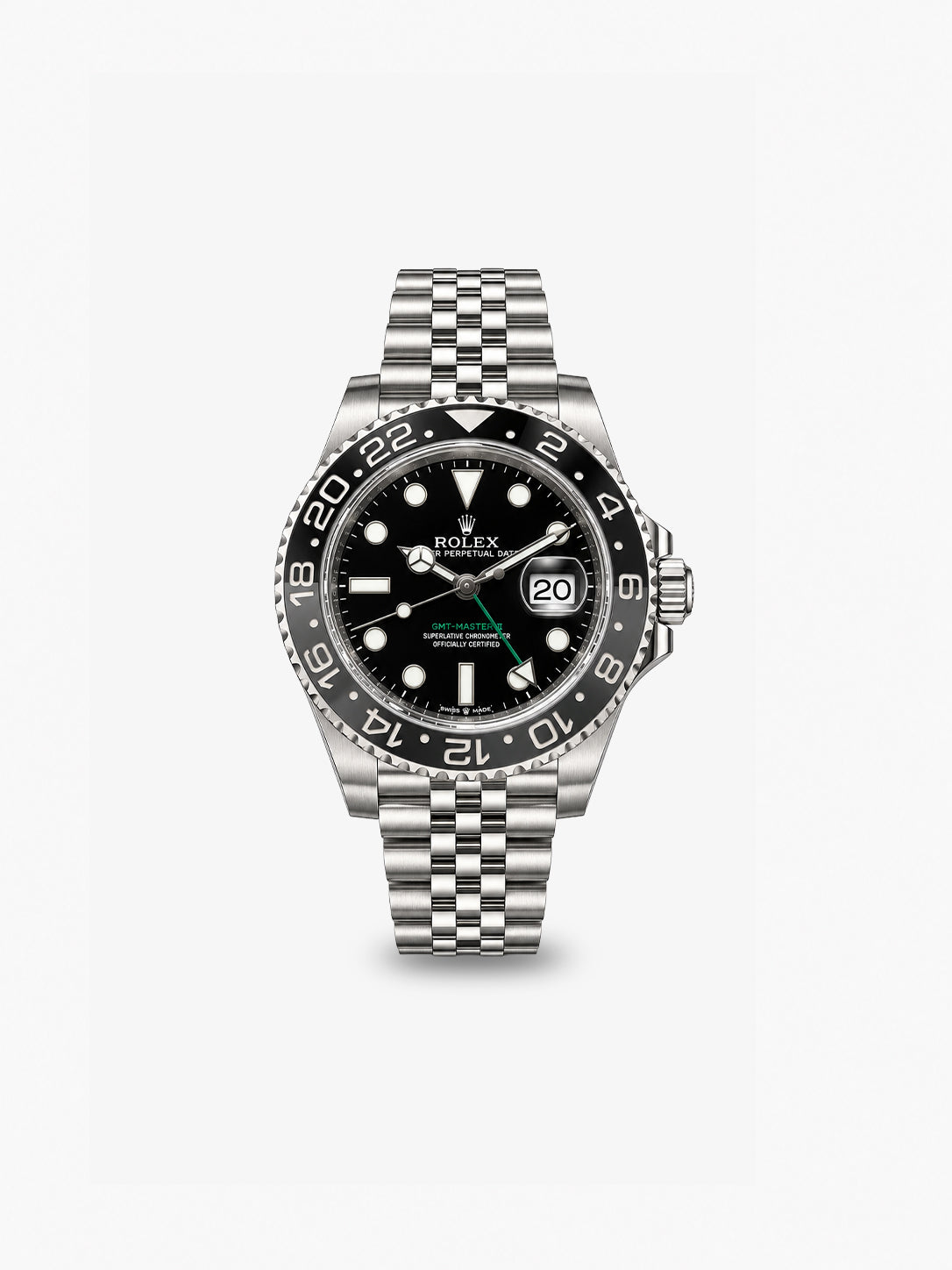 Peter Marco Rolex GMT-Master II stainless steel watch with black dial, grey 24-hour bezel, and Jubilee bracelet.