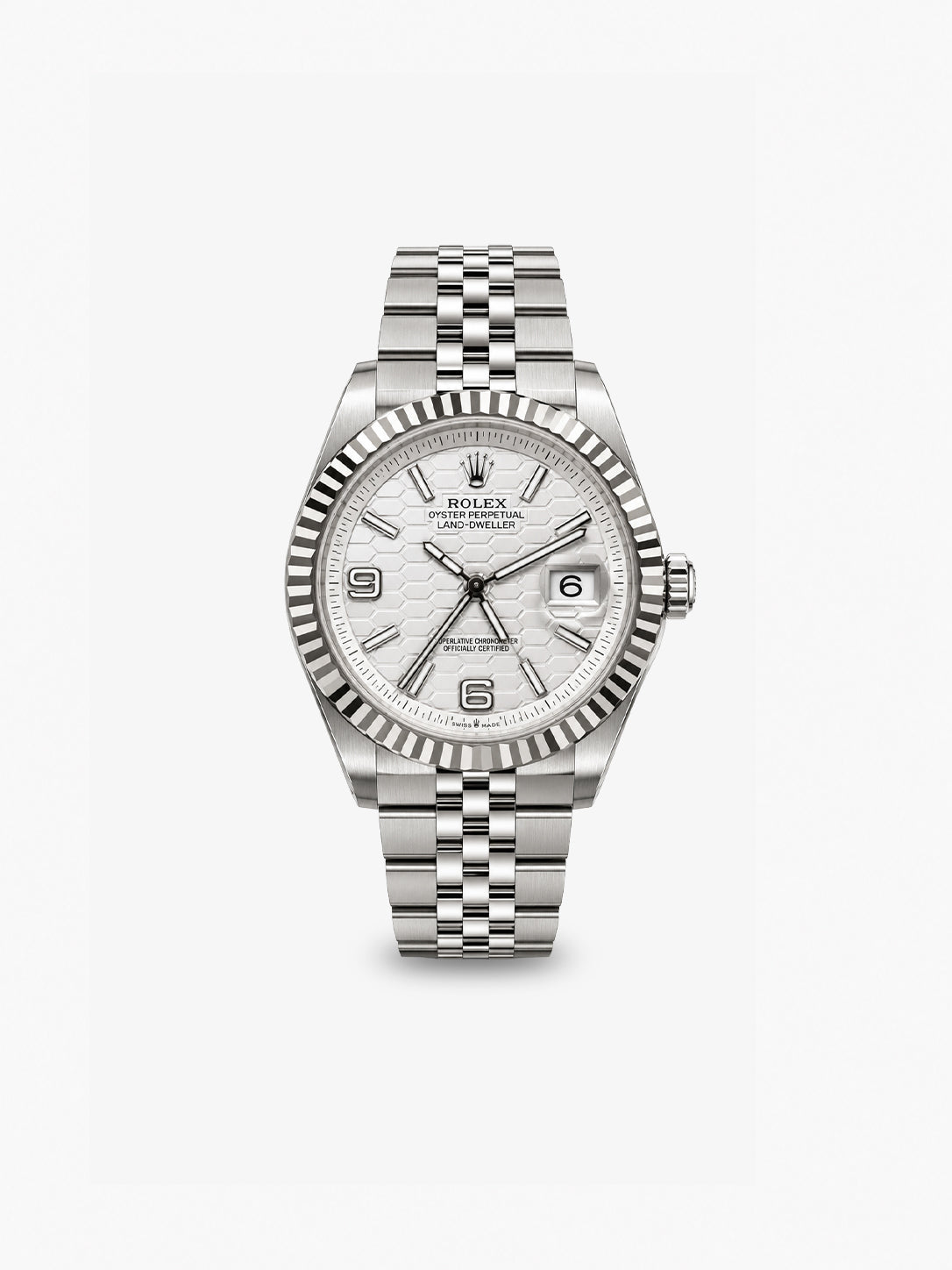 Peter Marco Rolex Land-Dweller stainless steel watch with white honeycomb dial and fluted bezel