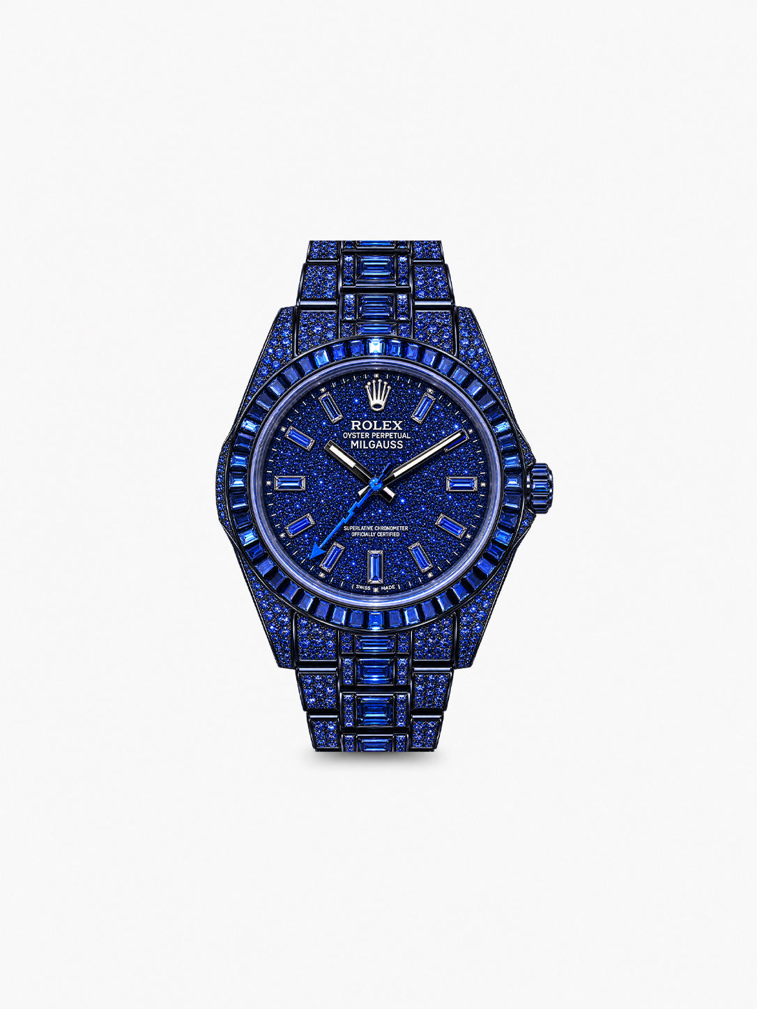 Peter Marco Rolex Milgauss diamond-set blue sapphire watch with blue dial