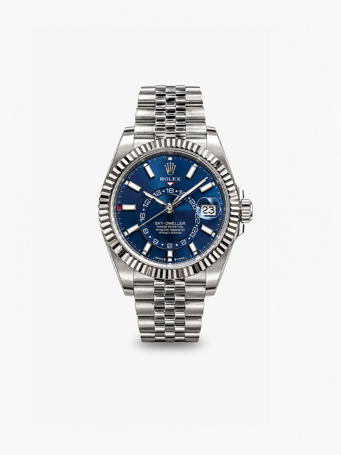 Peter Marco Rolex Sky-Dweller stainless steel watch with blue dial, 24-hour ring, fluted bezel, and Jubilee bracelet