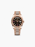 Peter Marco Rolex Day-Date watch in rose gold with a brown dial, diamond hour markers, and President bracelet