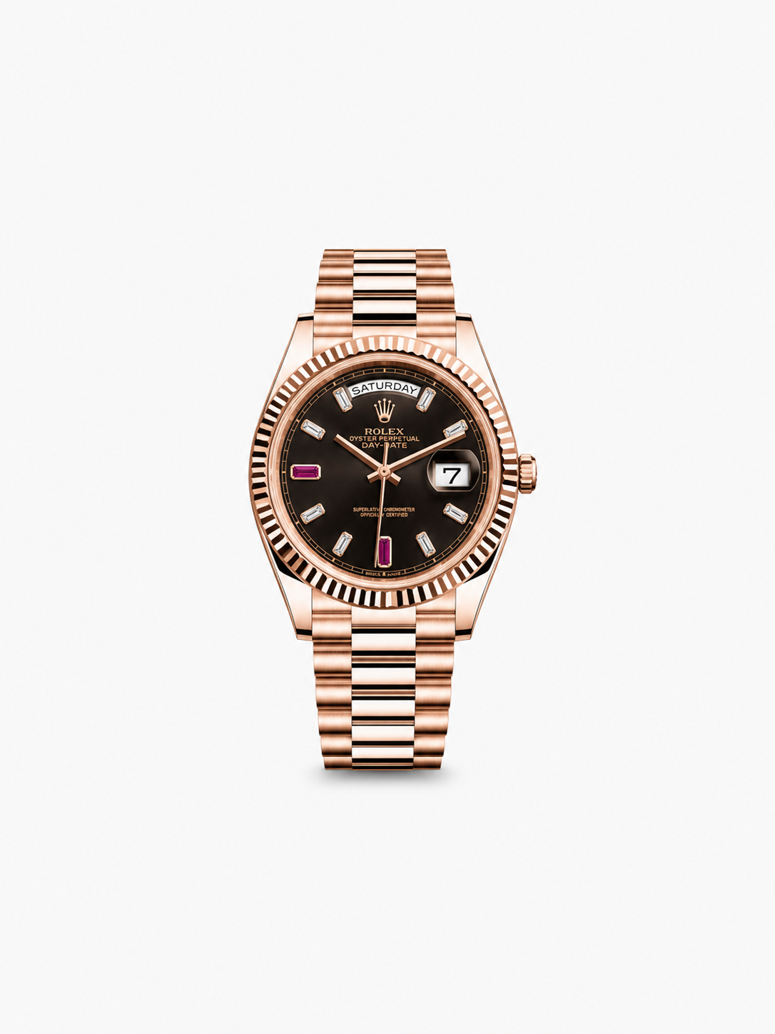 Peter Marco Rolex Day-Date watch in rose gold with a brown dial, diamond hour markers, and President bracelet