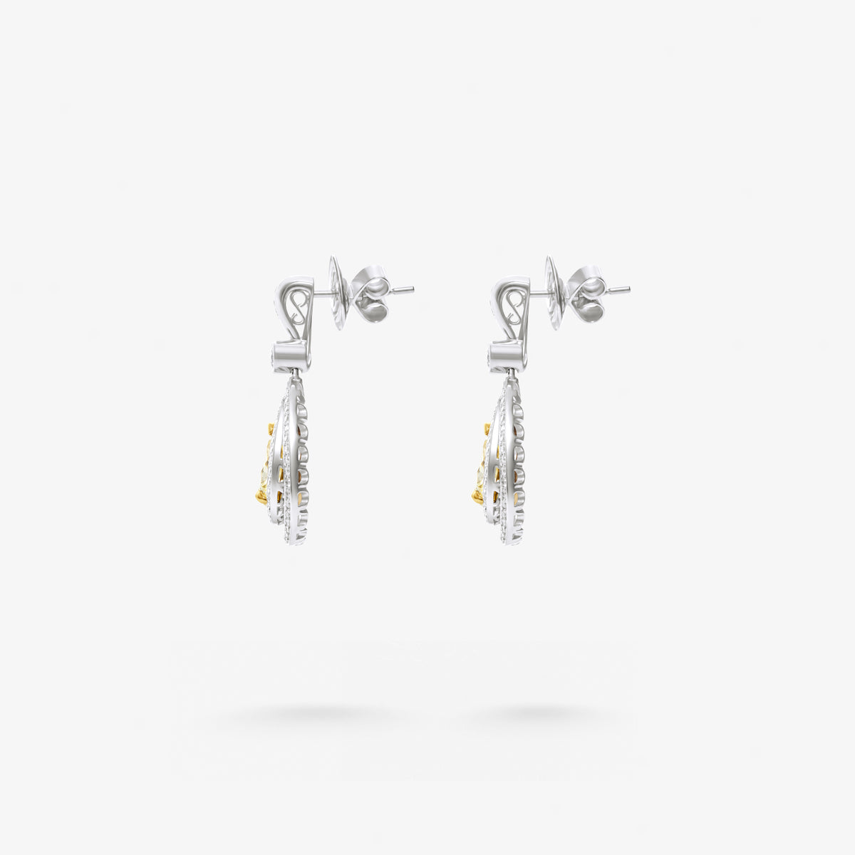 Peter Marco round cut white and pear shaped yellow diamond drop earrings