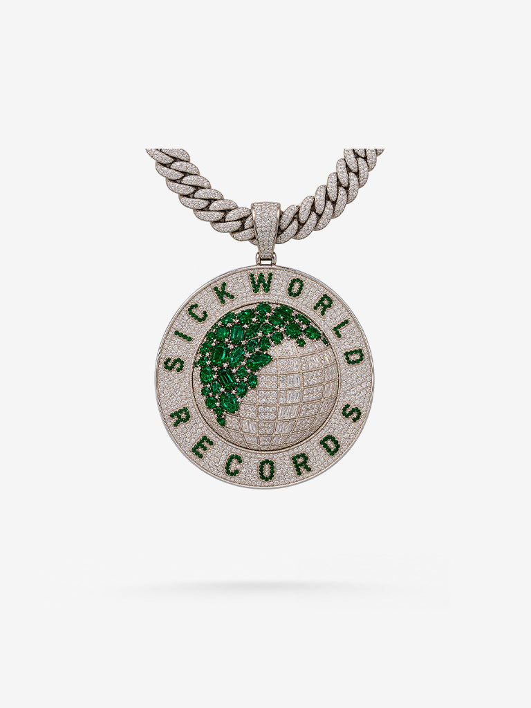 Peter Marco Sick World Records diamond pendant with emerald globe and Cuban link chain