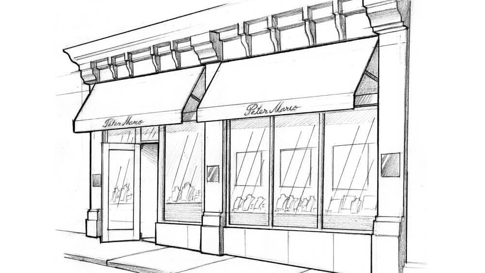Written sketch drawing of Peter Marco store front