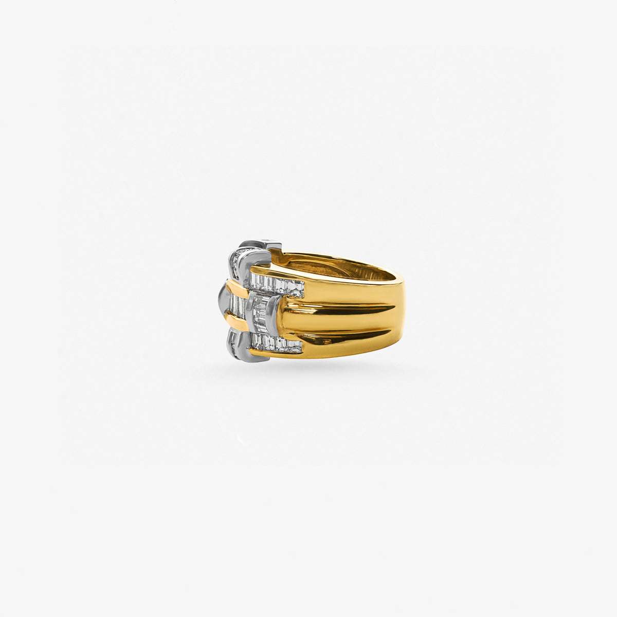 Peter Marco two tone white and yellow gold baguette cut diamond-ring, side view